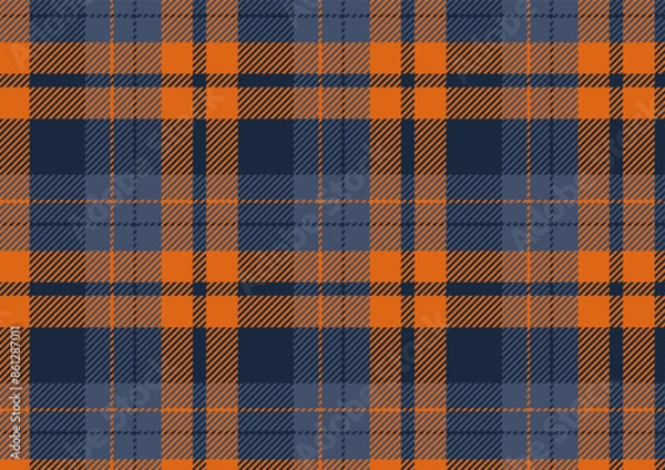 Fototapeta Dark blue orange tone plaid seamless pattern vector. Background graphic tartan fashion design use for print, texture, cloth, fabric, flannel.
