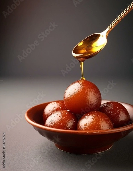 Obraz indian sweet gulab jamun with topping syrup in bowl