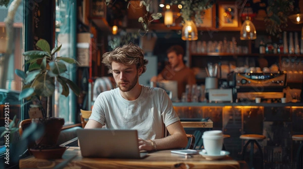 Fototapeta A young entrepreneur working on a laptop in a trendy cafe with a cup of coffee and a focused expression