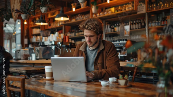 Fototapeta A young entrepreneur working on a laptop in a trendy cafe with a cup of coffee and a focused expression