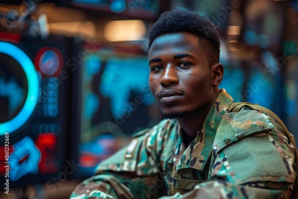 Obraz beautiful African army veteran studying at a futuristic military academy using holographic screens and AI technology to enhance his education.