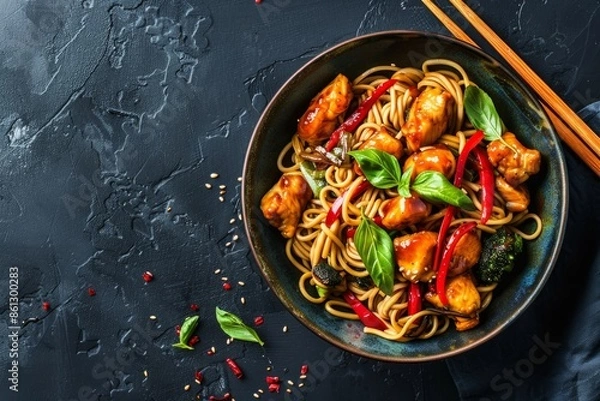 Fototapeta Bowl with Asian chicken stir fry soba noodles with vegetables on dark black stone background from above, Chinese Thai or Japanese noodles dish with soy sauce