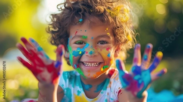 Obraz A joyful child with curly hair and a big smile, covered in colorful paint on their face and hands, enjoying outdoor playtime.