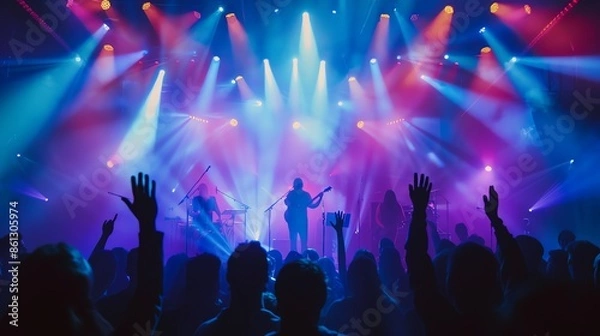 Fototapeta A band plays on stage while fans cheer them on.