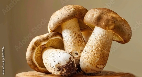 Fototapeta Fresh Porcini Mushrooms on Wooden Surface with Natural Background in Rustic Setting