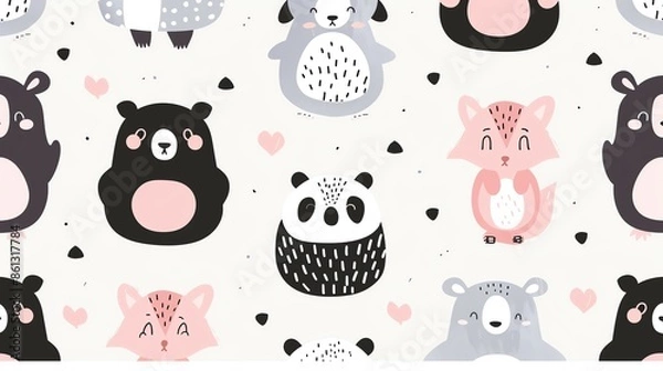 Fototapeta Seamless pattern featuring cute cartoon bears, pandas, and foxes in pink, black, and gray.