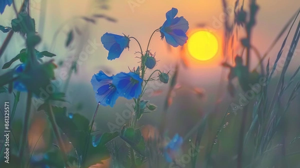 Fototapeta Tranquil Scene with Blue Wildflowers at Sunset
