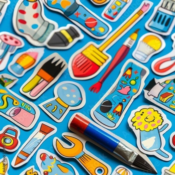 Fototapeta A variety of tools and other objects are arranged on a blue background. The objects are all drawn in a cartoon style and have bright colors.