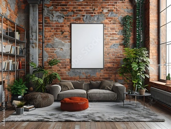 Fototapeta Mockup of a White Background Frame Displayed in a Modern Loft Apartment Setting with Exposed Brick Walls Industrial Style Furnishings and Lush Potted Plants Creating a Cozy and Inviting Atmosphere