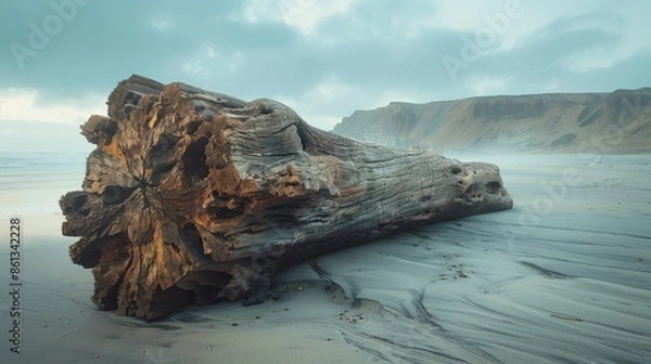 Fototapeta Gigantic ancient tree trunk left on a remote sandy beach