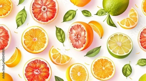Fototapeta Colorful citrus fruits, including oranges, grapefruits, and lemons, with green leaves, scattered on a white background.