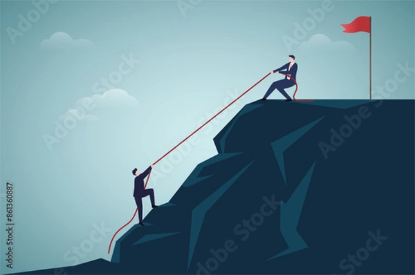 Fototapeta Businessman helping each other hike up a mountain. Business, teamwork, success, achievement and help concept.vector, illustration