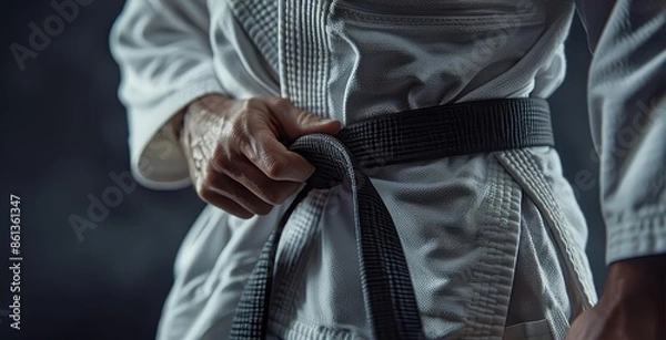 Obraz A panoramic close-up of a caucasian mans hand gripping a Brazilian jiu-jitsu black belt, wrapped around his waist, wearing a white kimono gi, isolated against a dark background, photorealistic detail