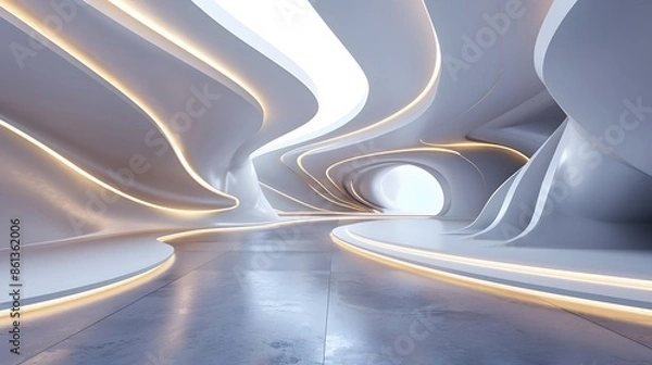 Fototapeta Mesmerizing Abstract Interior Design of Modern Showroom with Minimalist White Concrete and Gray Backdrop