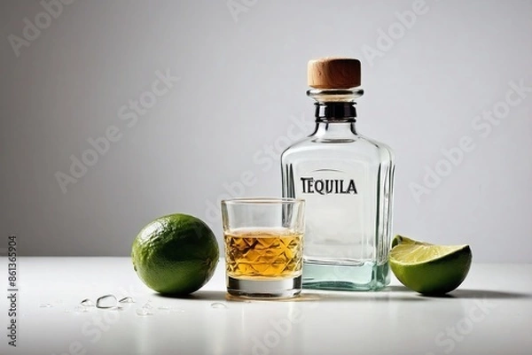 Fototapeta Tequila: A minimalist composition featuring a tequila bottle and a short glass of tequila.