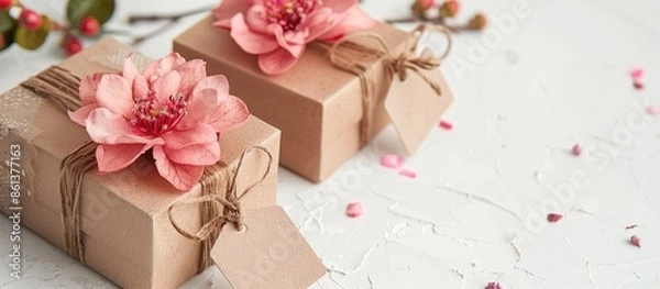 Fototapeta Crafty handmade gift boxes adorned with a pink flower and gift tag, set against a white background with copy space image.