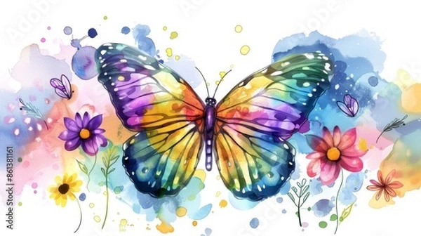 Fototapeta Colorful watercolor butterfly with flowers blending vibrant hues in a creative, artistic illustration on a white background.