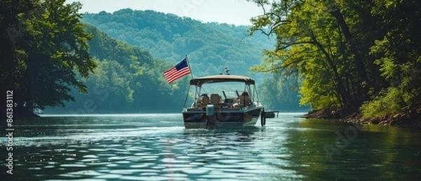 Fototapeta A boat with people on board navigates a serene lake surrounded by lush greenery.