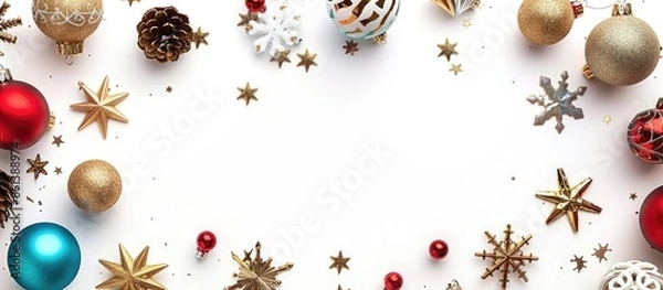 Fototapeta A festive arrangement of Christmas ornaments like balls, stars, and snowflakes on a white background for a copy space image.