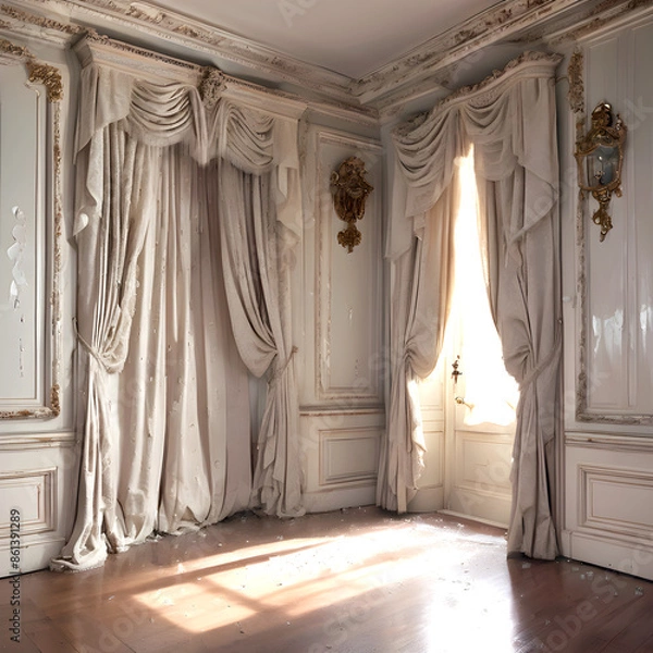 Fototapeta Vintage old room with large window and heavy curtains all in great state of disrepair