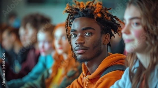 Fototapeta Young Man With Orange Dreadlocks Looking Directly at Camera in a Crowd
