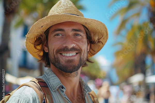Obraz Tourist in hat with backpack in unforgettable summer tropical paradise by the sea