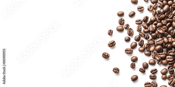 Fototapeta Coffee beans are scattered on a white background on the right side, on the left there is an empty space for text, flat lay.