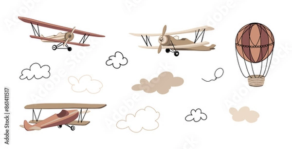 Fototapeta Retro airplanes in beige color minimalist style. Hand drawn vector illustration aviation. Set background illustration of a cute and sky scene complete with airplanes and balloons, clouds.