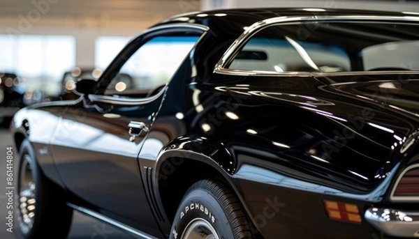 Fototapeta Close up of vintage car with shiny body on display at auto show for detailed showcase
