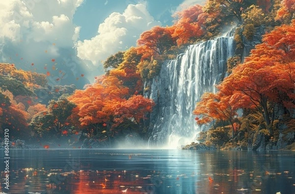 Fototapeta A scenic waterfall flows gracefully down a rocky terrain surrounded by bright autumn leaves in vibrant red, orange, and yellow under a sunny, partly cloudy sky, creating a beautiful landscape.