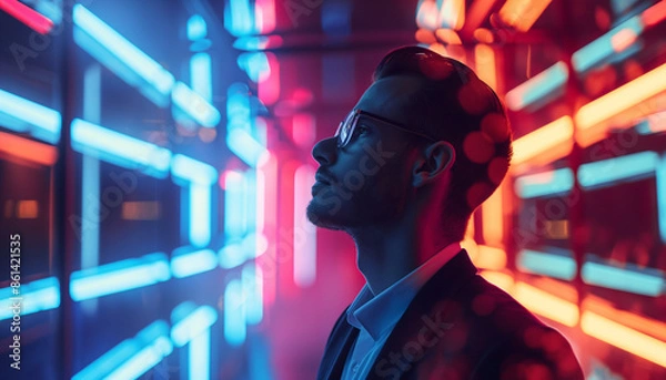 Fototapeta A man in glasses and a suit stands in a hallway of neon lights, immersed in the vibrant, futuristic atmosphere of the modern city