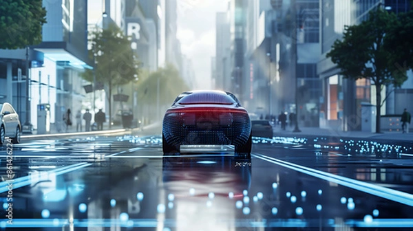 Fototapeta futuristic electric car on the city street, surrounded in the style of holographic digital data streams and augmented reality displays