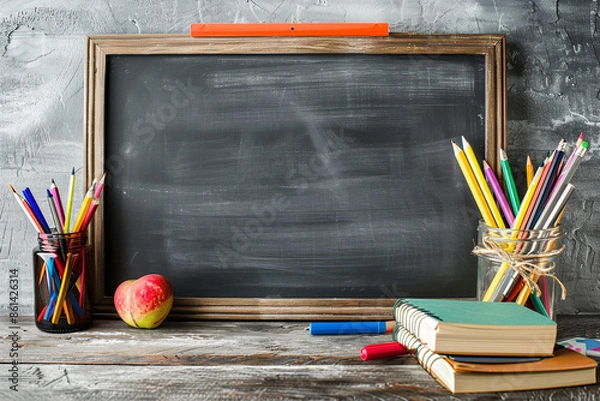 Fototapeta Back to school concept with erased chalkboard and basic supplies