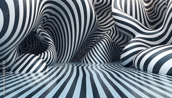 Fototapeta Surreal room with flowing black and white stripes, creating an optical illusion and dynamic, abstract space