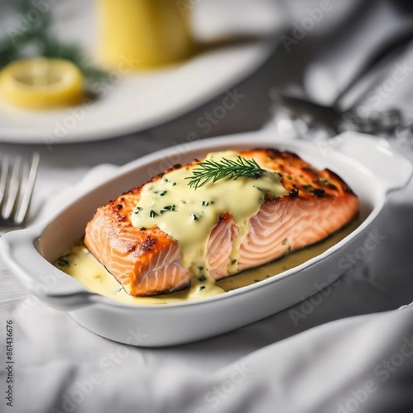Obraz Rosemary roasted salmon served with lemons, topped by mustard rosemary sauce, grilled salmon steak served with fresh herbs, lemon and honey mustard sauce. Lunch in restaurant.