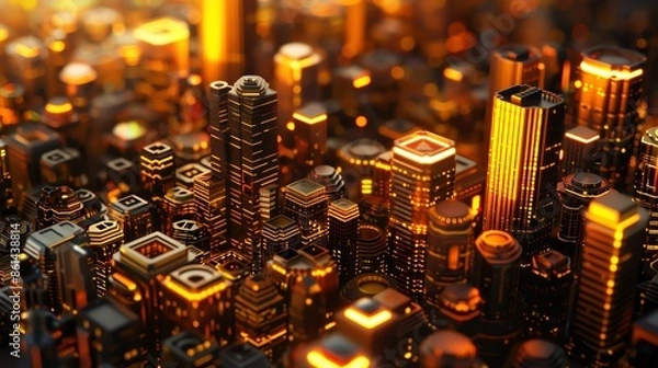 Obraz A futuristic cityscape made of glowing gold coins, with skyscrapers and streets illuminated in the style of golden light
