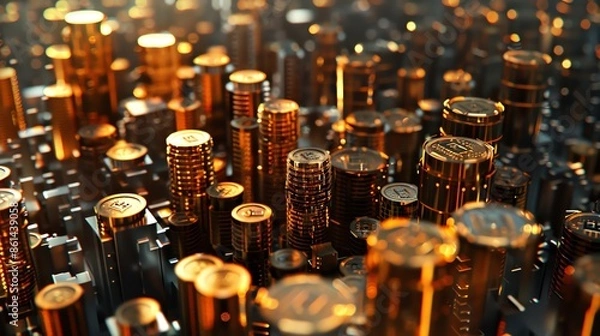 Obraz A futuristic cityscape made of glowing gold coins, with skyscrapers and streets illuminated in the style of golden light