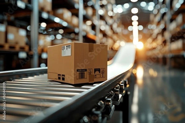 Obraz Photo of a cardboard box on a conveyor belt in a warehouse, ready for delivery and in the style of a logistics concept. With a telephoto lens and realistic lighting.