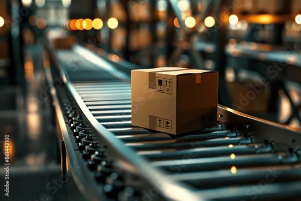 Obraz Photo of a cardboard box on a conveyor belt in a warehouse, ready for delivery and in the style of a logistics concept. With a telephoto lens and realistic lighting.