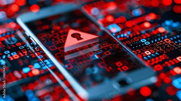 Obraz The red warning sign on the mobile phone screen, background of blurred city lights and binary code, in the style of online security concept.