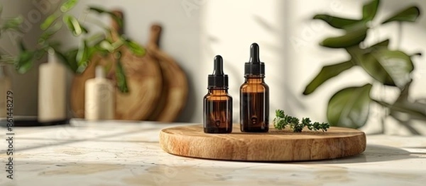 Fototapeta Flat lay view of a DIY beauty product scene featuring two amber glass bottles with black caps on a wooden podium. Eco-friendly cosmetics presentation with a dropper bottle and a copy space image.