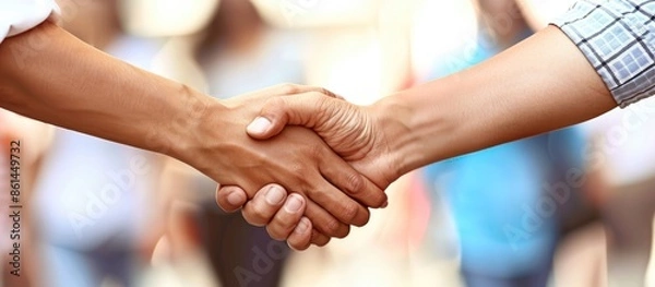 Fototapeta Business handshake during negotiations seen in close-up copy space image.