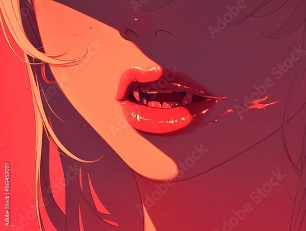 Fototapeta An anime depiction of a vampire with bloodstained lips and fangs, showcasing a seductive yet sinister aura, with crimson eyes and a dark, enchanting expression.