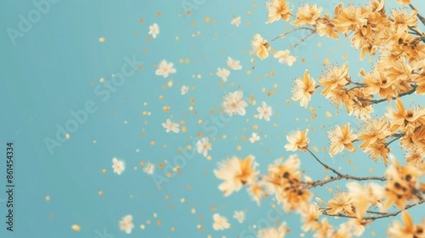 Fototapeta Close-up view of pollen flying from tree flower bud into air in allergy season.