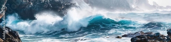 Fototapeta Powerful ocean waves crash against jagged rocks on a dramatic coastline, creating a breathtaking spectacle perfect for adventure seekers. Generative AI