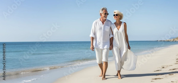 Fototapeta happy mature caucasian couple walking together enjoying summer vacation, holiday at beach. Generative AI