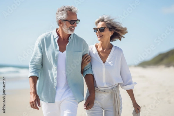 Fototapeta happy mature caucasian couple walking together enjoying summer vacation, holiday at beach. Generative AI