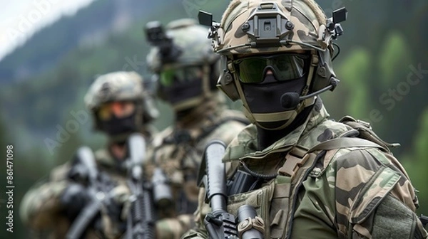 Fototapeta Elite soldiers in camouflage gear standing alert in a forested area, equipped with tactical gear and advanced weaponry.