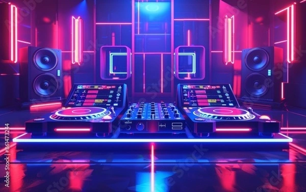 Fototapeta 3D Music-Themed Background with Futuristic DJ Setup and Neon Lights