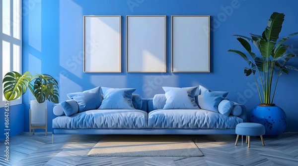 Fototapeta Blank picture frame mockup on white wall. Modern living room design. View of modern scandinavian style interior with sofa